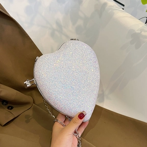 Women Heart Shaped Evening Bag Glitter Sequin Hard Shell Clutch With Chain Strap Shoulder Crossbody For Party Wedding Prom