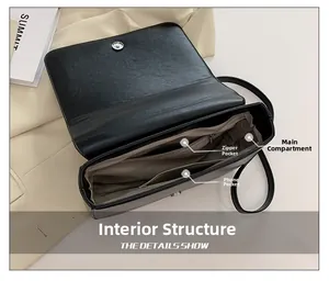 Internal structure of black leather crossbody bag with multiple pockets and fabric lining