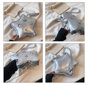 Detailed views of silver star-shaped crossbody bag with metallic moon and planet ornaments