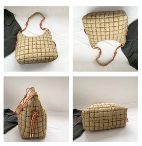 Vue détaillée du sac matelassé kaki avec anses en corde orange sous quatre angles différents