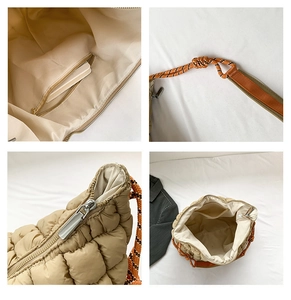 Détails du sac cabas matelassé beige en nylon avec bandoulières tressées orange