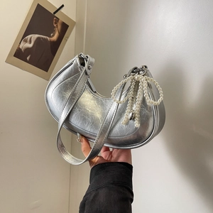 Women Metallic PU Leather Hobo Bag Artificial Pearl Bow Charm Heart Pendant Shiny Half Moon Underarm Shoulder Crossbody Bag Niche Chic