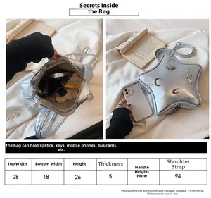Size chart showing silver star bag dimensions and capacity for phone and essentials