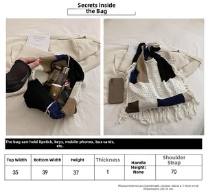 Detailed size guide for the boho tasseled knit tote bag with dimension measurements