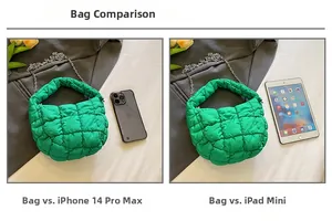 Comparación de tamaño del bolso acolchado verde con iPhone e iPad para medidas