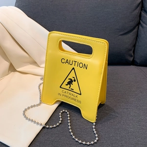 Creative Caution Sign Shape Crossbody Bag PU Leather Catwalk In Progress Print Small Square Shoulder Bag With Bead Chain