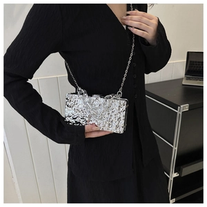 Details der silbernen Abendtasche aus Acryl mit strukturierter Optik und Metallkette