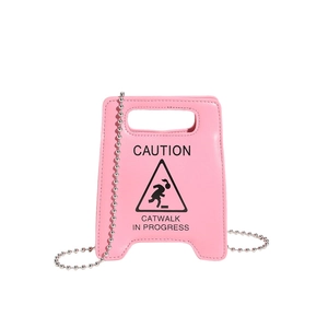 Pink caution catwalk fashion mini crossbody bag with silver ball chain strap