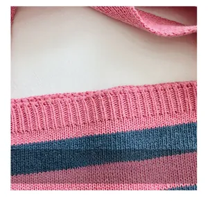 Close-up of pink and navy blue striped knit shoulder strap with fine stitching