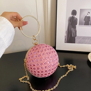 Sphere Evening Bag Rhinestone Round Handle Chain Shoulder Crossbody Clutch Women Party Wedding Glitter Hard Shell