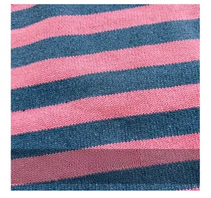 Close-up of pink and blue striped knit fabric showing detailed texture and stitching