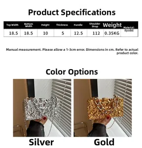 Size chart and detail view of acrylic clutch bag with ice crack pattern and metal chain