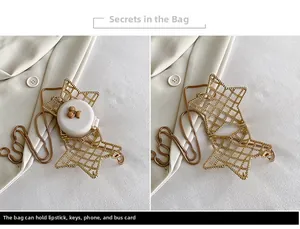 Detail showing the golden star cut-out metal mesh bag with a delicate chain strap