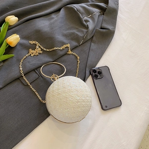 Luxury pearl white spherical evening clutch bag with sparkling grid texture and gold handle