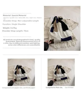 Size comparison chart for colorblock knitted tote bag with fringe and dimensions