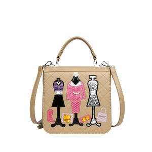 Beige quilted small square handbag with chic fashion embroidery and top handle