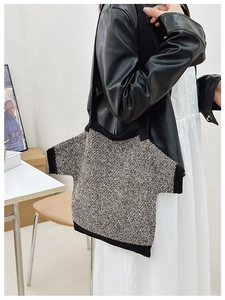 Creative mini T-shirt shaped knitted shoulder bag with unique black and white knit pattern