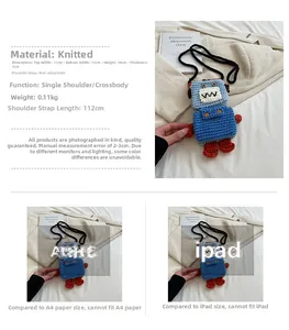 Robot-style knit crossbody bag details with multi-color design and dimensions chart