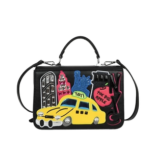 Retro Baroque style black handbag with New York NYC city patchwork and embroidery