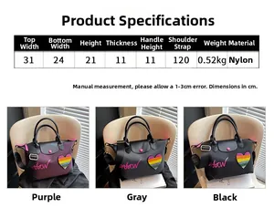 Size chart showing nylon handbag dimensions with top width, height, and handle details
