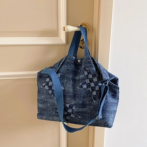 Retro denim tote bag with starry checkerboard pattern and adjustable strap for women