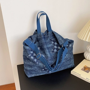 Large blue denim tote bag with star patchwork and checkered design for casual daily use