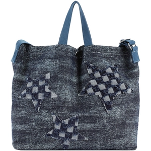 Retro denim tote bag featuring checkered star patchwork and adjustable crossbody straps