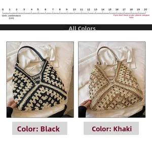 Detail of crochet shoulder bag showing bicolor hollow knit pattern and leather strap