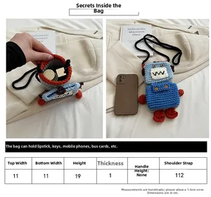 Size chart showing robot crochet bag dimensions with height 19cm and width 11cm