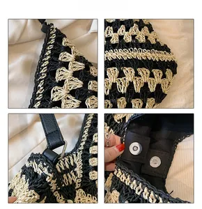 Detailed macro view of woven checkerboard pattern, magnetic clasp and leather strap