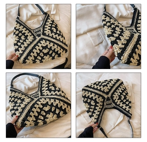 Detail views of handmade crochet tote bag with geometric floral patterns and leather handles