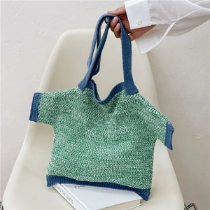 Women Knit Shoulder Bag Creative T-Shirt Shape Woolen Yarn Striped Contrast Color Underarm Tote Trendy Korean Style