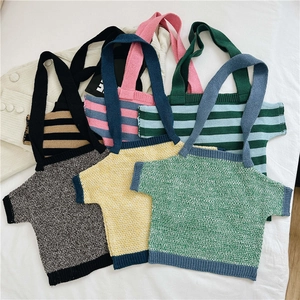 Knitted tote bag with mini T-shirt design in vibrant patterns and thick shoulder straps