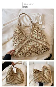 Detail view of khaki woven tote bag showing geometric hollow patterns and leather straps