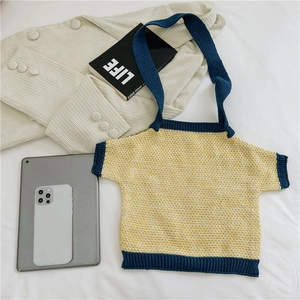 Creative yellow T-shirt shaped knit tote bag with blue contrast trim and crochet texture
