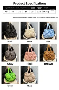 Guide des tailles pour grand sac cabas matelassé en nylon avec dimensions et huit coloris