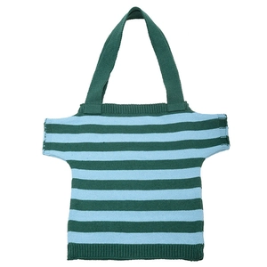 Knitted shoulder bag in green and blue stripes with unique short-sleeve shirt shape design
