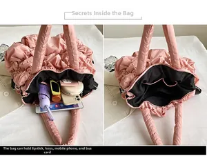 Sac fourre-tout rose matelassé avec grand espace pour parapluie, portefeuille et tablette