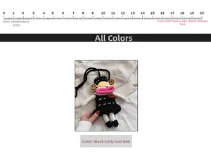 Detail of handmade crochet crossbody bag featuring a funny big mouth character with black dress