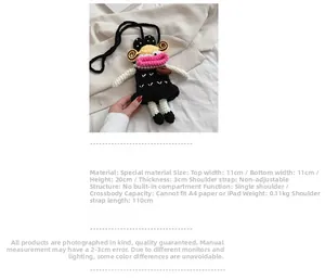 Detail of handmade knit crossbody bag with funny pink lips and black crochet texture