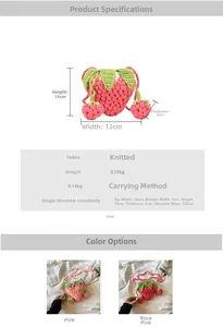 Size chart showing crochet strawberry crossbody bag dimensions and knit fabric details