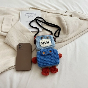 Handmade robot crochet crossbody bag for phone in blue and grey knit with red limbs