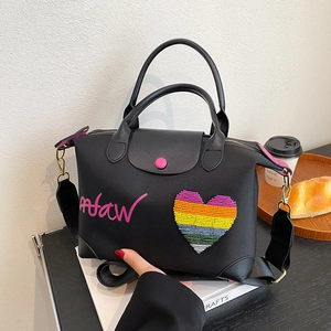 Nylon Dumpling Handbag With Leather Trim Rainbow Heart Sequin Shoulder Crossbody Bag Trendy Casual Large Capacity