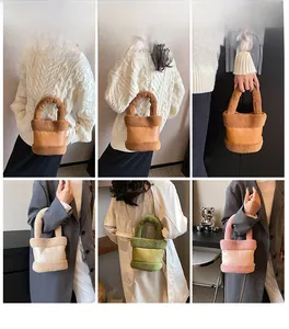 Collage of plush patchwork bucket bags in various colors with metal chain straps