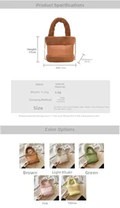 Size chart showing plush bucket bag dimensions with strap length and color options