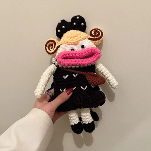 Handmade Crochet Knitted Doll Crossbody Bag For Women Kids Ugly Cute Big Mouth Figure Shoulder Pouch Artificial Pearl Decor
