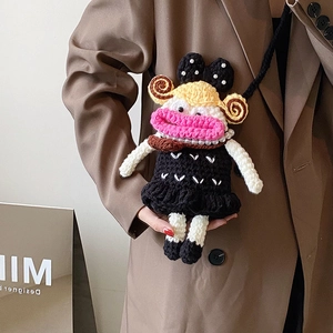 Handmade crochet cartoon girl crossbody bag with big mouth and pearl necklace detail
