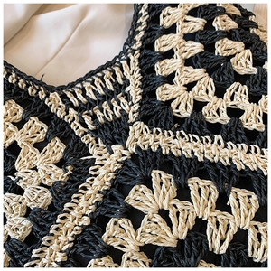 Macro shot of bicolor crochet weave pattern on a large capacity woven shoulder bag