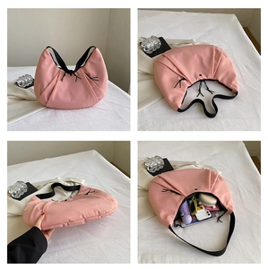 Bolso de media luna de nailon rosa plisado con gran capacidad para uso diario