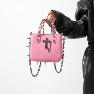Gothic Punk Handbag PU Leather Crossbody Bag With Spikes Rivets Metal Cross Skull Decor Top Handle For Women Grunge Style